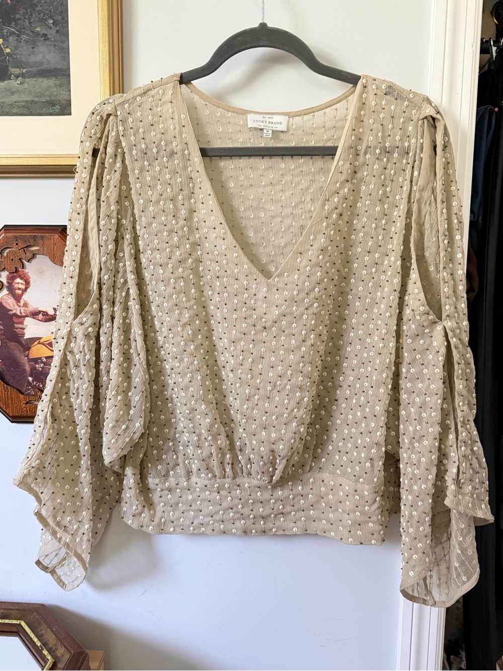 Lucky Brand Taupe Sequin V-Neck Blouse